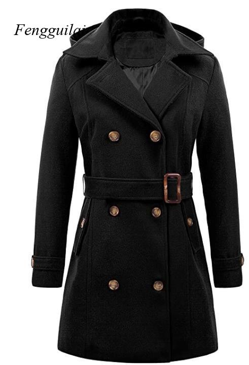 Women's Black Hooded Double Br – Wool Coat Peacoat recenzja i cena