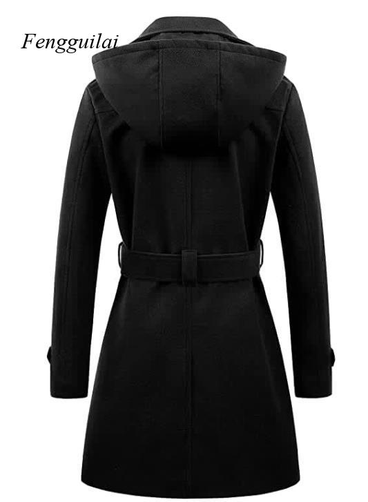 Women's Black Hooded Double Br – Wool Coat Peacoat recenzja i cena