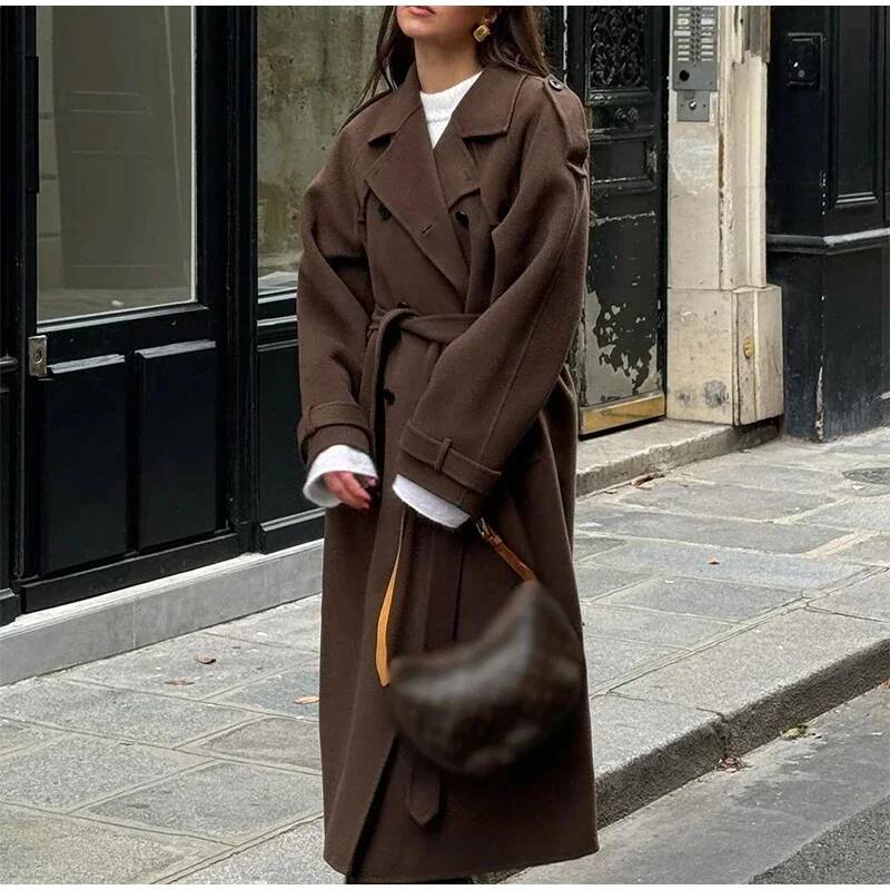 Elegant Grey Belt Long Faux Wo – Wool Coat Peacoat recenzja i cena