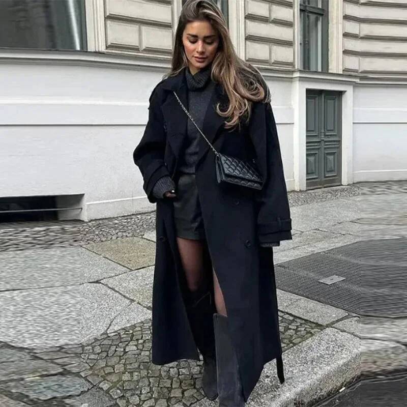 Elegant Grey Belt Long Faux Wo – Wool Coat Peacoat recenzja i cena