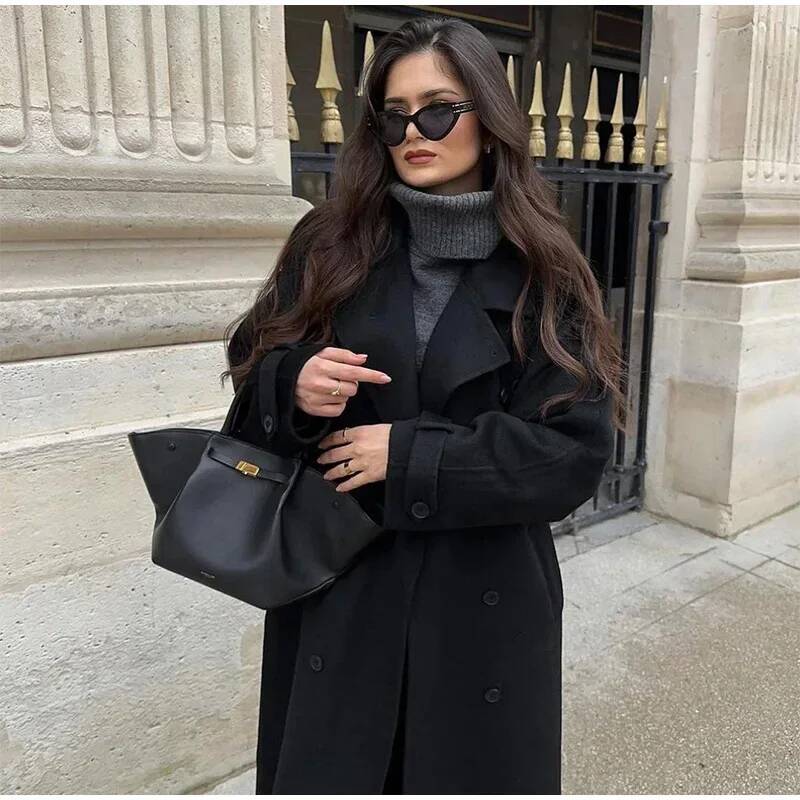 Elegant Grey Belt Long Faux Wo – Wool Coat Peacoat recenzja i cena