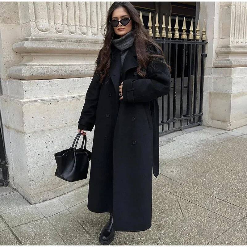 Elegant Grey Belt Long Faux Wo – Wool Coat Peacoat recenzja i cena